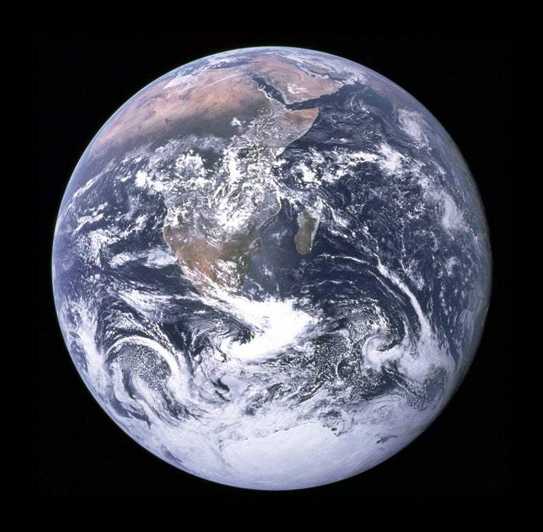 Earth from space photo taken by Apollo 17 crew while on their way to the moon Dec 7, 1972.