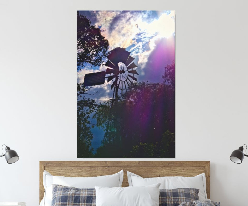 Orchard Windmill canvas art print available for purchase exclusively through Zazzle. Click here.