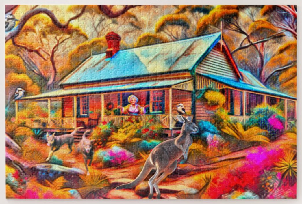 The Australian Cottage unique jigsaw puzzle is available in different sizes and pieces. Purchase through Zazzle, click here.